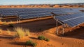 Vast solar panel array stretching across a desert landscape with sand dunes and sparse vegetation under a clear blue sky Keywords Royalty Free Stock Photo