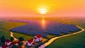 Illustration of Vast Solar Panel Field at Sunset by Countryside River Generating Renewable Energy Royalty Free Stock Photo