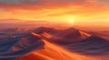 The vast and unforgiving beauty of the desert landscape at sunset, with its endless waves of sand dunes and a brilliant setting