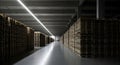 Vast Warehouse Interior with Rows of Pallets and Overhead Lighting Royalty Free Stock Photo