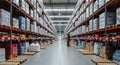 Vast Warehouse Interior with Rows of Shelving Units Filled with Pallets and Boxes Royalty Free Stock Photo