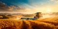 vast wheat field at sunset, with farmers using a combine harvester to gather ripe wheat. Generative AI