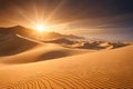 A vast, windswept desert with a caravan of camels trekking across the endless sand dunes