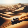 An SUV driving through the sand dunes, in the style of Australian landscape Royalty Free Stock Photo