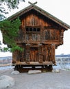 Vastveit Storehouse with carved wooden doorway at Skansen open-air museum, Stockholm, Sweden