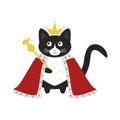 Cute cat king. Black and white cat with crown, mantle and scepter Royalty Free Stock Photo