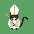 Pope cat in a white cassock and a white hat with a rod in his paws