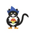 Cute dutch black cat in a blue hat, orange shoes and a bouquet of tulips in his paws