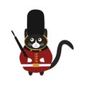 Cute cat british royal guardsman in a red jacket, black hat and musket in his paws Royalty Free Stock Photo