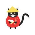 Cute chinese black cat with a bowl of rice and chopsticks in traditional hat and red jacket Royalty Free Stock Photo