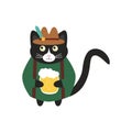 Cute german black cat with a glass of beer, in a green jacket with suspender and hat with a feather