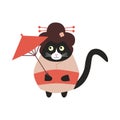 Cute japanese geisha cat in a pink kimono, with an umbrella in his paws, and a sakura flower in his hair.