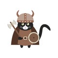 Cute norwegian viking cat in a helmet, with an ax and a shield