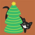 Crazy black cat and Christmas tree.