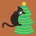 Crazy black cat climbed the Christmas tree Royalty Free Stock Photo