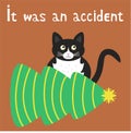 Cute black cat dropped the Christmas tree. It was an accident.