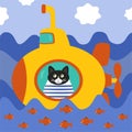 Cute black cat in a striped vest sitting in a yellow submarine and floating on the sea waves. Royalty Free Stock Photo