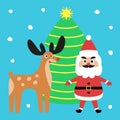 Crazy Santa Claus and deer with Christmas tree and snowflakes on a blue background