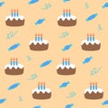 Birthday cake with cream cheese and candles on a yellow background with serpentine and candy. Birthday seamless pattern.