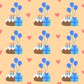 Birthday cakes with candles, blue balloons, blue gift box and pink hearts on a yellow background. Birthday seamless pattern.