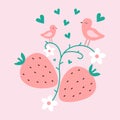 Cute pink couple of birds with strawberries, white flowers and green hearts on a pink background. Royalty Free Stock Photo