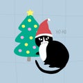 Angry black cat with Santa hat and Christmas tree. Christmas card \