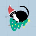 Angry black cat with Santa hat dropped Christmas tree. Christmas card \