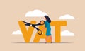 Vat economic budget after coronavirus and money taxes. Woman with scissors cutting income cash vector illustration concept. People