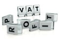 VAT word written on glossy blocks and fallen over blurry blocks with PROFIT letters. Isolated on white. High VAT tax reduces