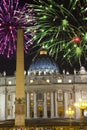 Vatican. Celebratory fireworks over a St Peter`s Square. Rome. Italy