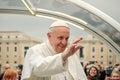 Vatican City, Vatican. February 3, 2016. Portrait of Pope Francis, Jorge Bergoglio, during the tour of St. Peter`s Square. Maximu Royalty Free Stock Photo