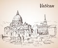 St. Peter`s Basilica. Vatican city landscape. Sketch.