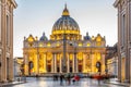 Vatican City by night. Illuminated dome of St Peters Basilica and St Peters Square at the end of Via della Conciliazione Royalty Free Stock Photo