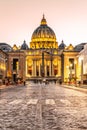 Vatican City by night. Illuminated dome of St Peters Basilica and St Peters Square at the end of Via della Conciliazione Royalty Free Stock Photo