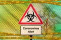 Vatican City State flag and Covid-19 biohazard symbol with quarantine orange tape. Coronavirus or 2019-nCov virus concept Royalty Free Stock Photo