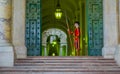 VATICAN, ITALY - JUNE 13, 2015: Famous Swiss guard on Vatican church. Papal guard standing at the door of Vatican Museum Royalty Free Stock Photo