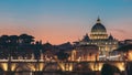 Vatican, Italy. Papal Basilica Of St. Peter In The Vatican And Aelian Bridge In Evening Night Illuminations. Day To Royalty Free Stock Photo