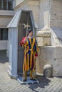 Vatican - June 19, 2014 : Pontifical Swiss Guard soldier guards entrance