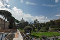 VATICAN - march, 2019: Vatican gardens view with St. Peter`s Basilica dome behind the trees, Vatican, Rome