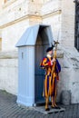 Vatican soldiers. Swiss Guard of the Vatican. The dress uniform of the Swiss Guardsman. Vatican. Rome. Italy Royalty Free Stock Photo