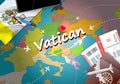 Vatican travel concept map background with planes, tickets. Visit Vatican travel and tourism destination concept. Vatican flag on Royalty Free Stock Photo