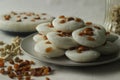 Vattappam in Idly shape. Steamed rice cake made of sweet fermented batter of rice and coconut, topped with raisins steamed using