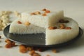 Vattayappam. Steamed rice cake made of sweet fermented batter of rice and coconut, topped with raisins while steaming. Traditional
