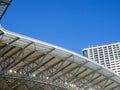 vault of a modern football stadium. Canopy of the sports arena. Metal construction. Stadium concept. Construction site nearby Royalty Free Stock Photo