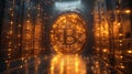 A futuristic vault featuring a glowing Bitcoin symbol with vibrant lights in a tech-inspired environment at dusk