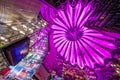 The vault of the Sony Center lit by purple light