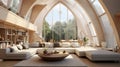 Vaulted cathedral ceiling in house. Interior design of modern living room