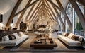 Vaulted Cathedral Ceiling in House: Interior Design of Spacious Elegance. Generative AI
