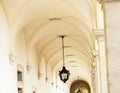 Vaulted ceiling with ornate iron lamp