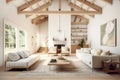 Vaulted ceiling in room with two white sofas and armchairs. Interior design of modern living room with timber beams. Created with Royalty Free Stock Photo